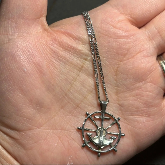 Sterling Silver Anchor And Ships Wheel Necklace on a 23" Sterling Silver figaro